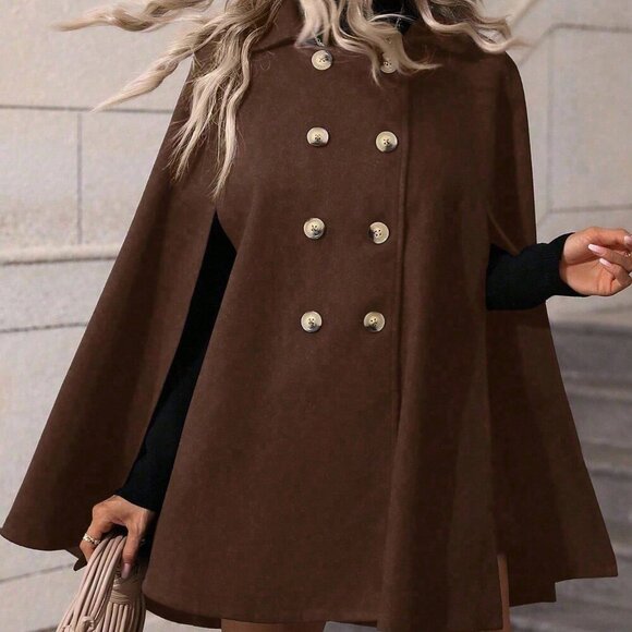 Coffee Brown Elegant Women's Minimalist Poncho Overcoat - Picture 4 of 7